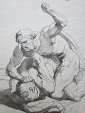 Antique Old Master Drawing of Men Wresting c.1800