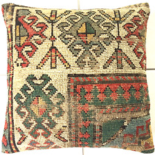 Antique Cushion Rug Retro Caucasus Oriental Hand Knotted Green Caucasus Rug Pillow