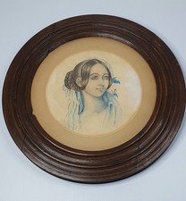 Antique 19th Century Portrait Drawing Victorian Lady, Watercolor 36cm Framed