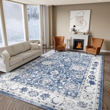 300x400cm Blue Area Rug Non-Slip Washable Soft Vintage Floral Carpet