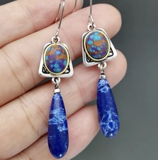 Turquoise & Lapis Lazuli 925 Sterling Silver Earrings Dangle Drop Vintage Art