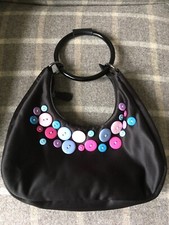 Pink & Blue Button Black Satin-look Handbag, unusual handles