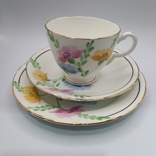 Delphine Bone China Cup Saucer &Plate Hand-painted Wildflowers Gold Trim Vintage