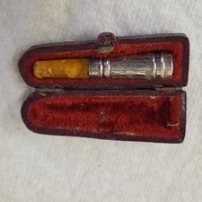 Antique Cased Amber & Sterling Silver Cheroot Cigarette Holder H&F B'ham HM 1909