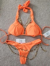 New Bahimi Bikini Swimwear 3 Piece Set Coral Orange With Gold Bra L bottoms S