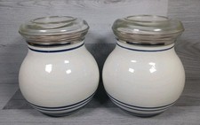 Ikea Storage Jars Metal Enamel With Glass Lids White Blue Stripes Vintage