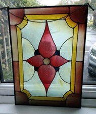 Vintage Painted Stained Glass Window Art Hanging Sun Catcher 14in X 10in