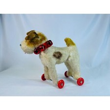 VINTAGE WIRE FOX TERRIER DOG CHILD'S PULL TOY CLOTH FUR BODY ON WHEELS