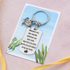 Travel Turtle Keyring Engraved With Quote, Good Luck Safe Travels, Emigrating