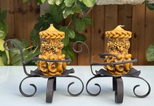 VINTAGE FRENCH WROUGHT IRON CANDLE HOLDERS & GOTHIC CARVED PILLAR CANDLES, H24cm