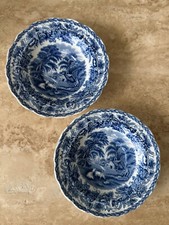 Pair of Booth's England "British Scenery" Blue White Coupe Soup Bowls dishes