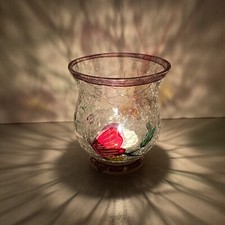 CRACKLE GLASS VASE / PAINTED BUTTERFLY / 3.5" / PURPLE TINT AT BASE