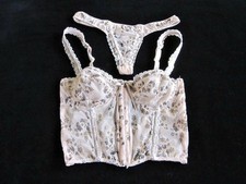 Gorgeous U/W Boned Bustier + Thong Set Small 32-34-ish Bust Ivory Floral NEW Vtg