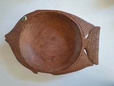Vintage Tiki Fish Hand-Carved Wooden Dish Bowl Shell Eye, New Zealand?