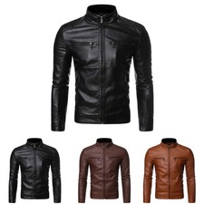 Men Stand Collar Leather Look