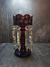 Beautiful Antique Ruby Red Mantle Lustre with  Hanging Prisms 1840+ Small Chip