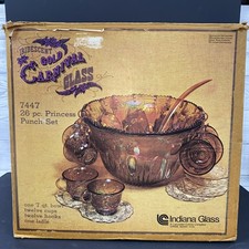 Vintage Amber Carnival Glass Punch Bowl & 12 Cups Set Grape & Vine Design PK