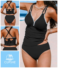 Womens Ladies Tankini Set Size 12 M Non Wired Padded Top Retro Deep Swim Brief