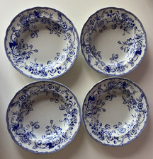4 x Spode Blue & White Clifton Laura Ashley Rimmed Pasta/Soup Bowls 9"