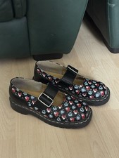 Ladies Anarchic T.U.K. Black Mary Jane Shoes, Hearts & Skulls,Size UK 5, (US 7).
