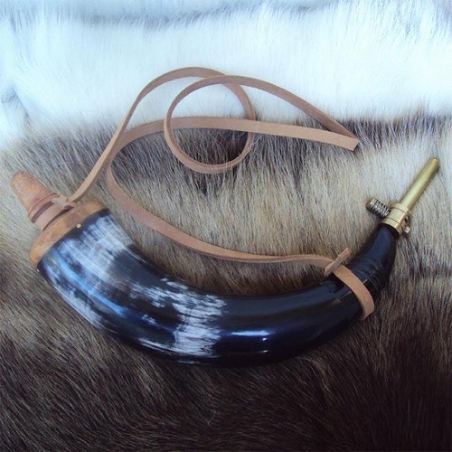 Powder horn with - powder, brass