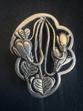 Vintage Signed MASJ 90 Snowdrops Brooch Silver Scenes Silver Plated Pewter 