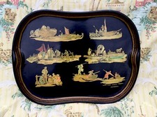 Large Antique Decoupaged Tole Ware Tray. River Scenes. French.