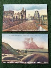 WW1 Postcards, Ypres After 2yrs Of War & British Mine Exploding Beaumont Chapel.