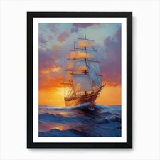 A Majestic Sailing Ship With Billow Framed Wall Art Poster Canvas Print Picture