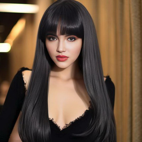 Black wig with - wig, bangs|synthetic