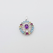 Multicoloured Gemstone Cluster Pendant Sterling Silver Signed 925 TGGC