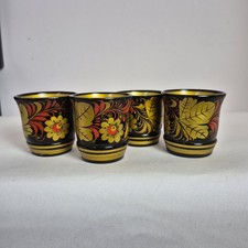4 x Vintage Russian Hand Painted Wooden Goblet Shot Vodka Glass Folk Art 