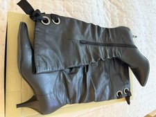 Dune Black Leather Knee High Pointed Pull On Boots Size 40/7 2.5" Kitten Heel