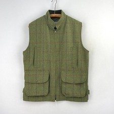 Alan Paine Tweed Shooting Waistcoat Mens Small Green Nehru Wool Check Vest Gilet