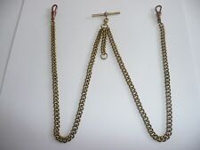unusual vintage type solid  brass double albert pocket watch chain t bar  fob 