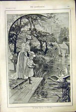 Old Antique Print Jones Painting Autumn Morning Swan Lake Child Home 1892 19th