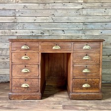 Antique Victorian Pitch Pine Panelled Headmasters School Desk 9 Drawers 2 Keys