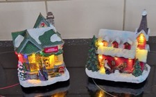 Resin Christmas Village ORNAMENTS x 2 Light Up Church & House VTG