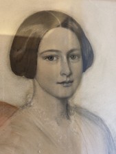 A Stunning Antique Watercolour Portrait Painting Of A Young Lady.