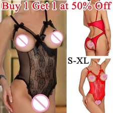 Women Sexy Lace Crotchless Babydoll Underwear Set Catsuit Lingerie Nightwear UK
