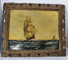 Ornate Antique Rococo Style Gold Frame & Original Painting Ship DAMAGED See Des