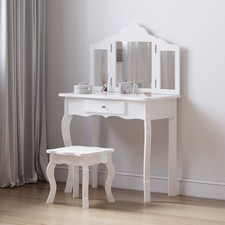 Kids Vanity Table Set w/ Stool & 3 Mirrors, Drawer, Pink or White Princess Desk