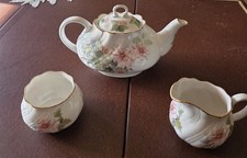 Vintage English Bone China Tea Pot, Sugar Bowl & Milk Jug Set - Floral/Gold Trim