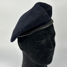 Vintage French Traditional Black Felted Wool Mens Beret With Real Leather Trim