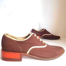 Vintage Bata Canvas City Shoes Sz 7 Brown White Red Heel Lace Up Textile Retro