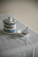 Vintage Crown Lyric Tunis Blue China Jam Pot & Denby Posies Tea Strainer