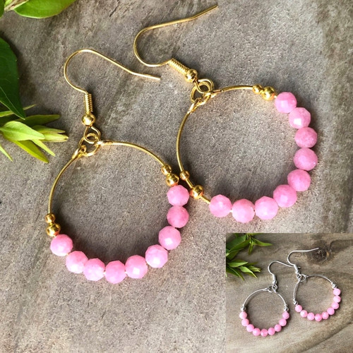 Pink beaded hoop - pink, earrings