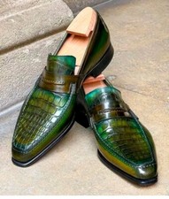 Men's Handmade Genuine Green Croc Leather Loafer Moccasin Slip on Dress Shoes