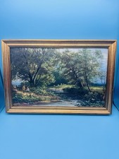 Oil Painting On Board Rural Scene Men By stream Sheep In Field