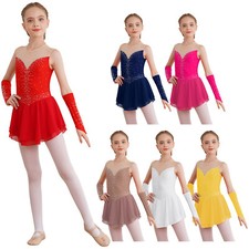 UK Girls Dance Dress Glittering Rhinestone Keyhole Back Skating Costume w/Gloves